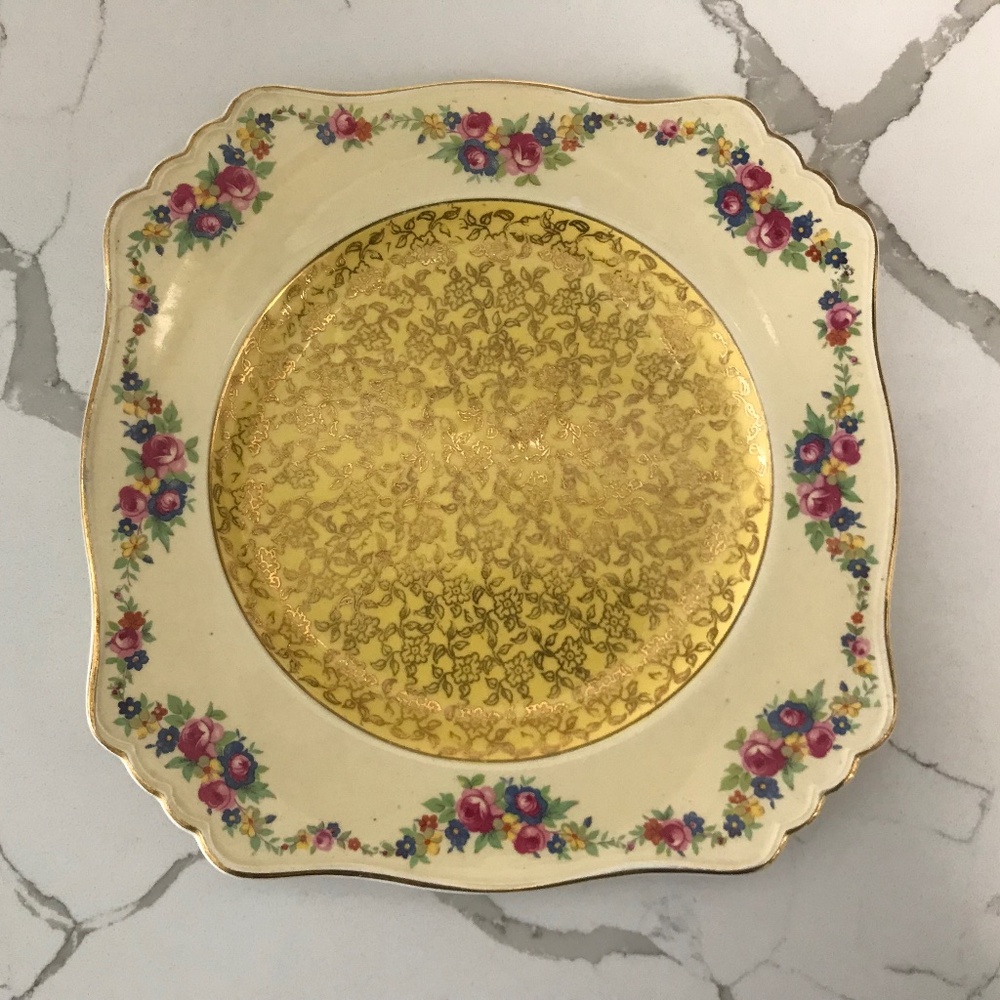 Vintage Royal Winton Grimwades Luncheon Square Plate 8.75” Gold Floral Chintz